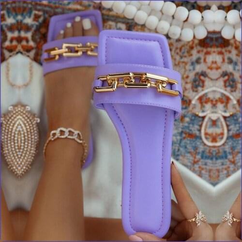 Womens Slippers 2021 Summer Transparent Chain Luxury Square Head Flat Heel Female plus size outdoor beach women slides Sandals