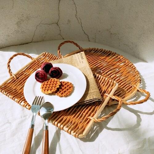 Foldable Plate Household Snack Mat Rattan Storage Tray Basket Fruit Rack Bowl Wicker Material Durable Kitchen Supply Practical