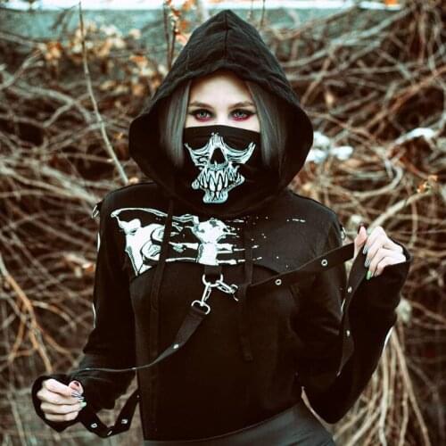 Gothic Style Tops Halloween Top Sweatshirt Gothic Punk Hooded Hoodies Women Black Skeleton Print Mask Long Sleeve Crop Tops 2021