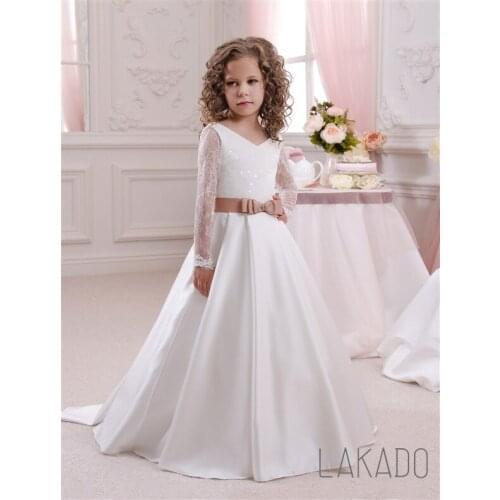 A Line Long Sleeve Satin Ivory First Communion Dress With Long Sleeves 3-12 Years