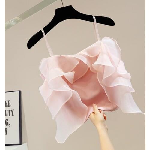 Crop Top Women Outwear Fashion Design Sweet Three-Dimensional Ruffled Stitching Back Zipper Strap Short White Pink Summer 2021