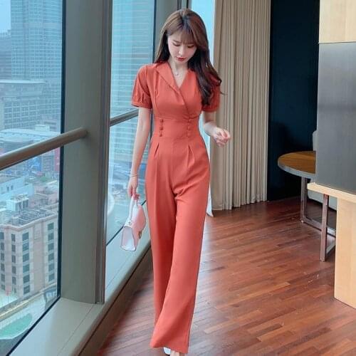 Women 2021 Summer Solid Sexy V-neck Jumpsuit Female Casual Wide-leg Jumpsuits Ladies High Waist Short Sleeve Rompers New Y146