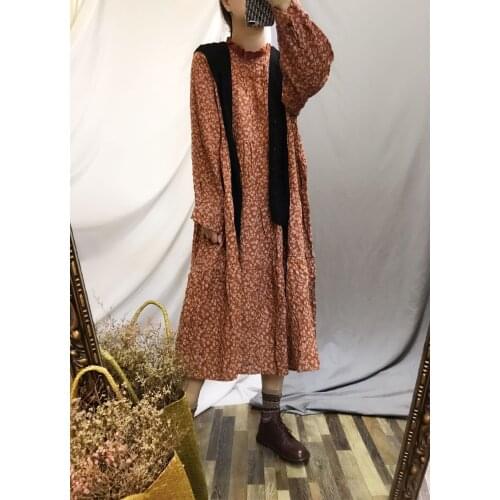 Autumn Print Women Dress Vintage Cotton Linen 2020 Autumn New Retro Long Sleeve Stand Collar Loose A line Casual Women Robe