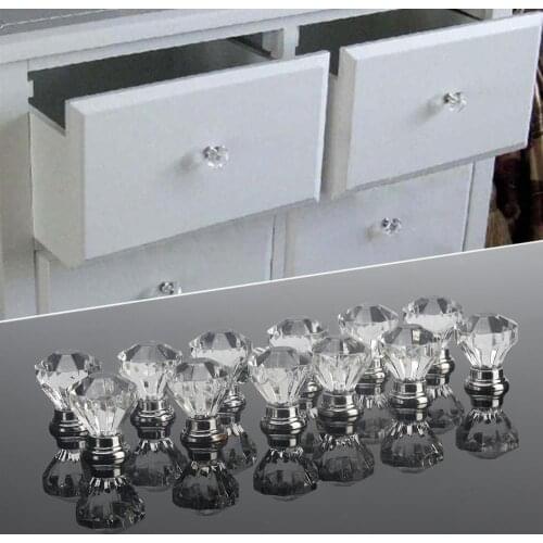 12PCS/set 30mm Diamond Shape Design Crystal Glass Knobs Cupboard Drawer Pull Kitchen Cabinet Door Wardrobe Handles Hardware