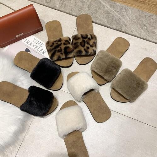 2021 net red autumn and winter cotton slippers flat bottom one word hair slippers women fashion wear non-slip plush slippers