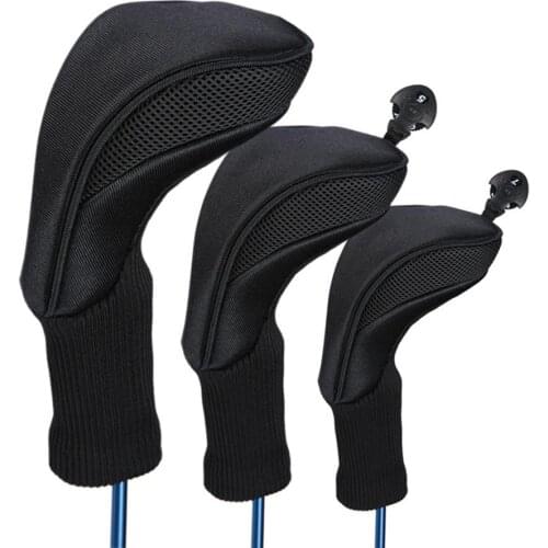 3Pcs Black Golf Head Covers Driver 1 3 5 Fairway Wood Headcovers Long Neck Knit Protective Cover Fairway Driver Club Accessories