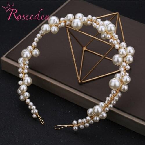 Fashion Gold Pearl Tiara Headband Bridal Hair Vine Headpiece Wedding Hair Jewelry Accessories Handmade RE3709