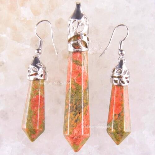 Hexagonal Column Beads Pendant Earrings Natural Stone Unakite Epidote Necklace Pendant Earrings Jewelry Set For Women Gift K1664
