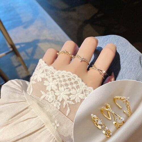 FACEINS Temperament Zircon Pearl Ring Crown Female Niche Design Finger Ring Adjustable Personality Open Ring Jewelry Accessories