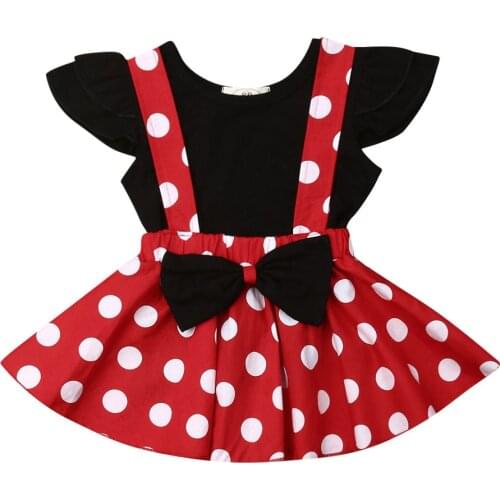 0-3Y Summer Pretty Infant Kids Baby Girls Clothes Sets Black T Shirts Tops+Dot Print Red Bib Dress
