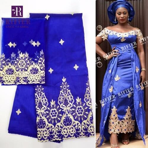 Royal Blue 5 Yrads And 2 Yrads Style George Lace Fabric Gold Line Embroidered George Silk Fabric With Blouse For African Dresses