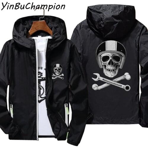 Men Women Motorcycle With Skull Helmet Wrench Biker Cafe Racer Skull Casual Windbreaker Sports Pilot Skin Hooded Jacket 5XL 7XL