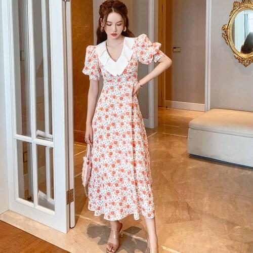 Fashion Summer French Sweet Peter Pan Collar Maxi Party Dress Ladies Elegant Robe Casual Retro Floral Print Beach Vacation Dress