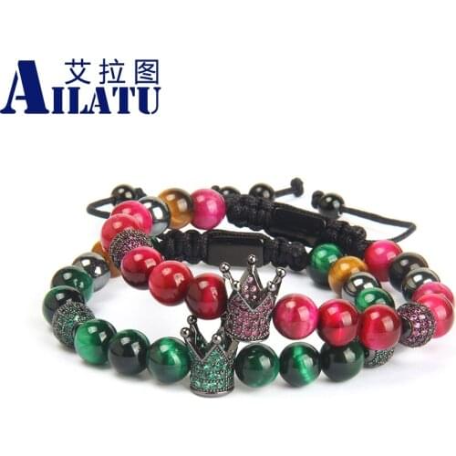 New Couples Crown Sets Bracelet Green & Rose Natural Tiger Eye Stone Beads Top Quality Macrame Jewelry Drop Ship Logo Print
