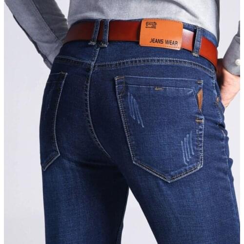 New Classic style Men Brand Jeans Business Casual Stretch Slim Denim Pants Light Blue Black Trousers Male