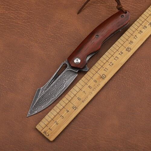 Portable Damascus VG10 Wooden Wheel Bearing Hunting Outdoor Camp Self-defense EDC Tools Sharp Fruit Knife