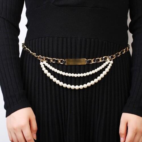 Fashion luxury belt classic leather hot brand chain belt for women flower diamonds beading pearl sashes black sheepskin leather