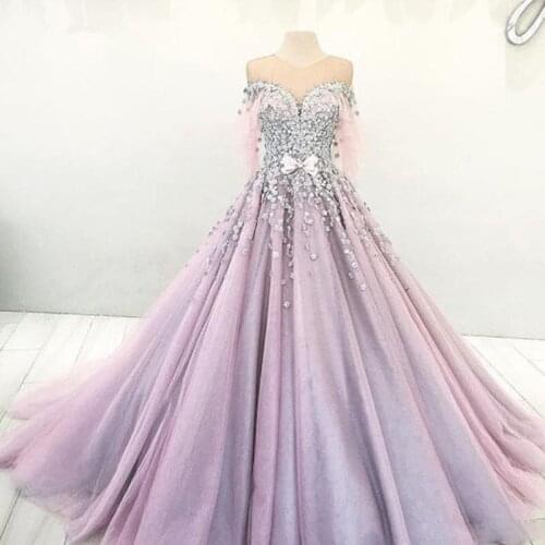 Romantic Dubai Princess Engagement Dress Sheer Jewel Neck Bow Beaded Lace Applique Evening Dress Ball Gown Tulle Prom Dresses