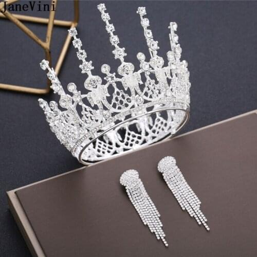 JaneVini Luxury Silver Crystal Bridal Crown and Tiaras with Earrings Princess Headband Jewelry Ornament Wedding Hair Accessories
