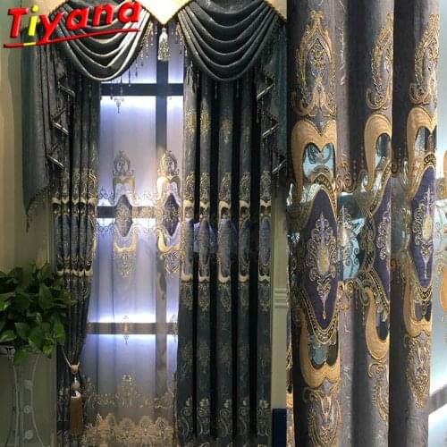 Luxury Embroidered Curtains for Bedroom Blue Chenille Hollow Out Curtains for Living Room Royal Blue European Tulle X-HM142#ST