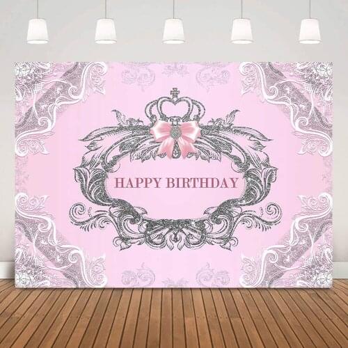 Pink Girl Happy Birthday Backdrop Sliver Crown Glitter Birthday Party Banner Background Sweet Princess Bow Photo Shoot Studio
