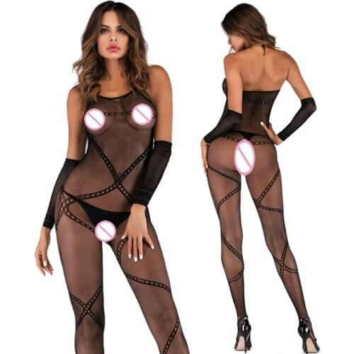 Sexy Lingerie Nightwear Women Stripe Fishnet Body Stocking Bodysuit Black Sexy Hollow Out Transparent Bodystocking With Sloves