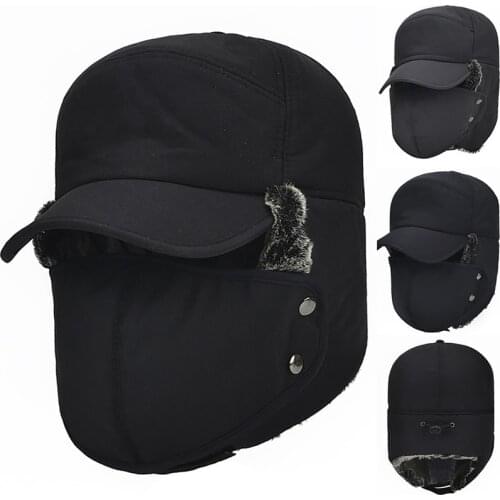 Winter Solid Color Cotton Bomber Hats Unisex Thickening Plush Button Cap Warm Windproof Headdress Ski Mask