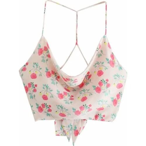 Za Women 2021 Sweet Printing Fashion Blouses Vintage Backless Thin Straps Female Shirts Chic Tops