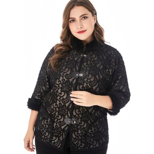 2020 Fall Plus Size women clothing Long sleeve embroidered Floral black jackets fashion ladies Vintage elegant Fur collar Coat