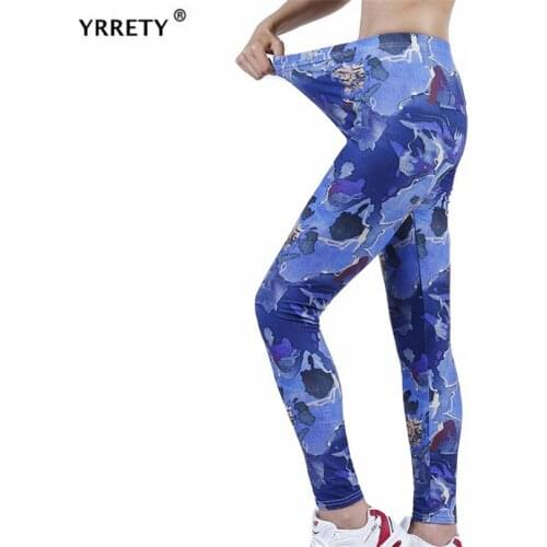 YRRETY Solid Leggings Women Fitness Push Up Gym Fitness Dream Blue Flower Printing Pattern High Waist Sports Casual Mujer Pants