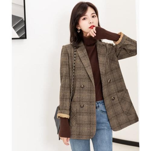 Vintage Double Breasted Office Ladies Plaid Blazer Long Sleeve Loose Korean Woolen Coat Jacket Women Blazers Female 2020 k1262