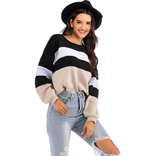 Womens Oversized Casual Knitting Sweater Striped O-Neck Long Sleeves Elastic Hem Women Knitted Pullover Sweaters Autumn 2021