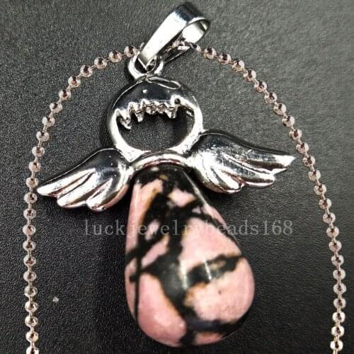 Free Shipping Women Fashion Jewelry Rhodonite Water Drop Art Necklace With Chain 1pcs C5534n