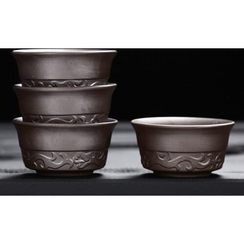 4PCS Purple Clay Tea Cup,Handmade Lotus pattern cup YiXing Purple Teacup,Chinese Kung Fu Cups Chinese Porcelain Gift