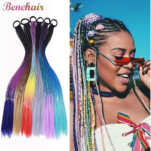 Benehair 24inch Synthetic Colorful Braided Ponytail Elastic Hair Rope Rubber Bands Twist Braides Hair Ponytail Colored Hair Ring