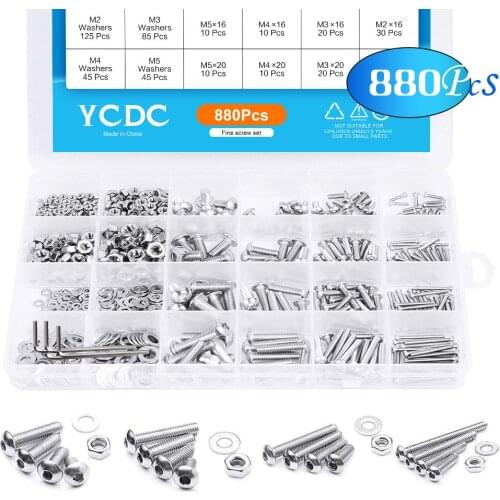 880Pcs Hex Hexagon 304 Steel Socket Screws Bolts Hex Nuts Assortment M2 M3 M4 M5 Bolts and Nuts Allen bolts Set Head Screw Kit