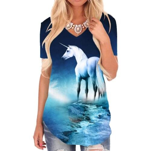 Giyu Brand Unicorn T Shirt Women Moon Shirt Print Animal Funny T shirts Harajuku V-neck Tshirt Womens Clothing Summer Cool