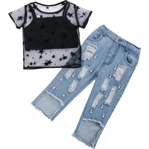 Kids Baby Clothes Toddler Baby Girl Spring Summer Clothes See-Through T-Shirt Tank Top Pearl Ripped Denim Pants 2PCS Outfits Set
