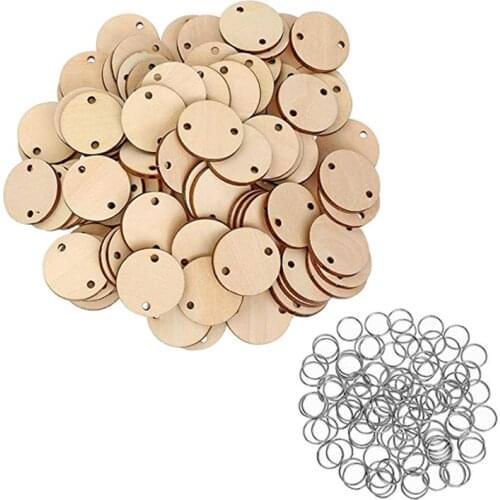 100pcs Round Wooden Discs with Holes Calendar Tag Reminder Record Wood Chip Birthday Board Tags and 100pcs Iron Rings for Arts a