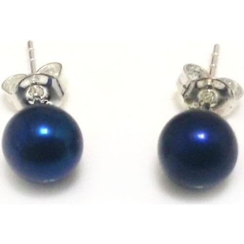 AAA 6-7mm Round Dark Blue Natural Freshwater Pearl Earrings with 925 Sterling Silver Post