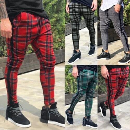 Mens Long Casual Sport Pants Slim Fit Plaid Trousers Running Joggers Sweatpants Long Leisure Streetwear Pantalones de hombre#D5