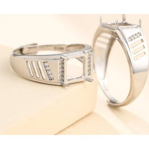 Ring Setting for 8x8mm Square or 8x11mm Rectangle Cabochons Ring Blank White Gold Plated 925 Silver Zircon Adjustable Ring Base