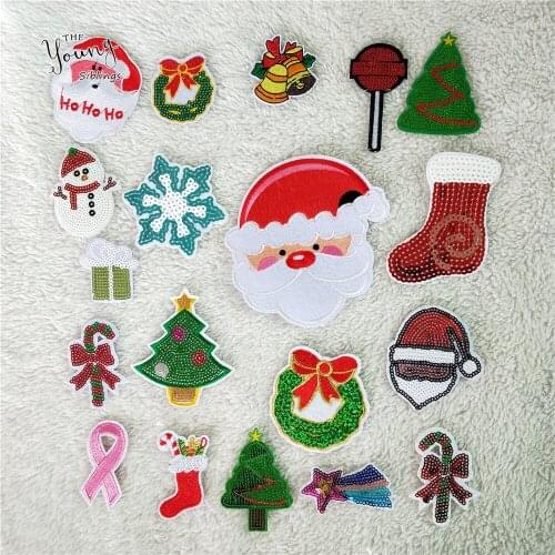 Christmas Theme style Mixture Patch Iron for Clothing Cute Sequins Badges Fabric Sew Applique DIY kids love Stickers Accessories