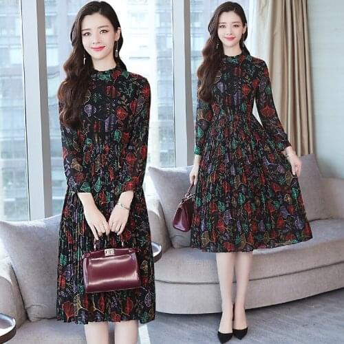 Summer Large Size Womens New Printing Korean-Style Slim-Fit Long-Sleeve Chiffon Pleated Dress
