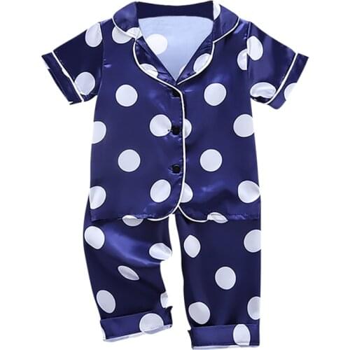 Autumn Baby Silk Pajamas Kids Girls Boys Pyjamas Clothes Point Print Sleepwear Set Short Sleeve Blouse Tops+ Pants 2PCS Pijamas
