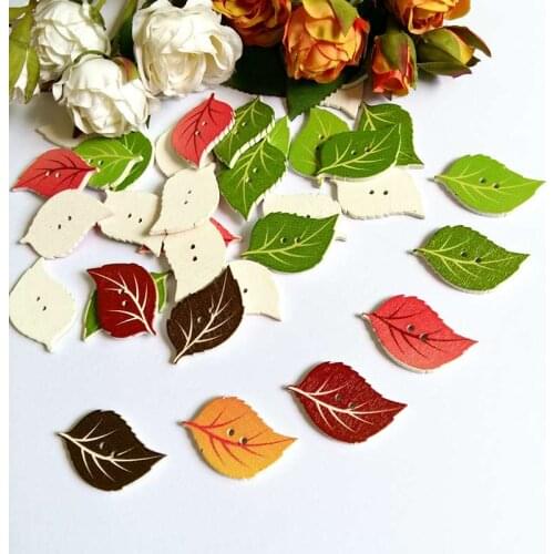 50pcs Cute Leaves Shaped Wooden Buttons 2 Holes Mixed Sewing Accessories Wood Botton For Clothing DIY Scrapbooking