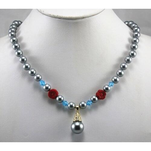 Simplest fashion design! wholesale/retail 8mm black shell pearl mixed blue crystal red flower necklace+14mm pearl pendant