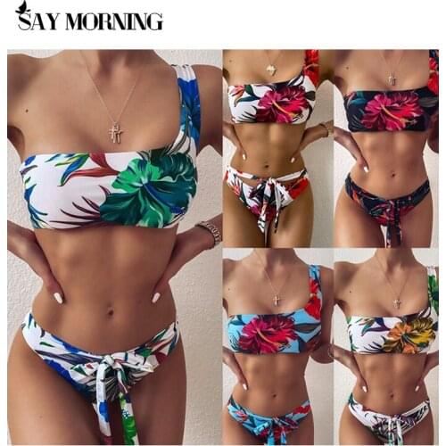 SAY MORNING 2021 New One Shoulder Floral Bikini Female Swimsuit Women Swimwear Two-pieces Bikini set Bather Bathing Suit