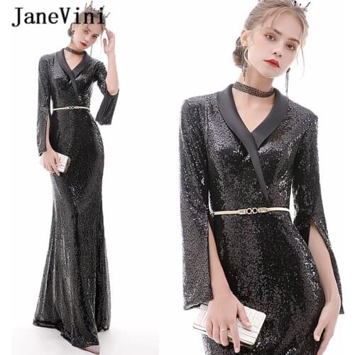 JaneVini 2019 Sexy Mermaid Black Evening Gowns Long Sleeve V Neck Bling Sequined Floor Length Fomral Evening Dresses Plus Size
