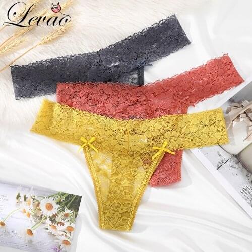 LEVAO Sexy Full Lace Panties Women Thongs Hollow Out G-Stringi Transparent Seamless Underpants Tangas Super Low Waist T-Back